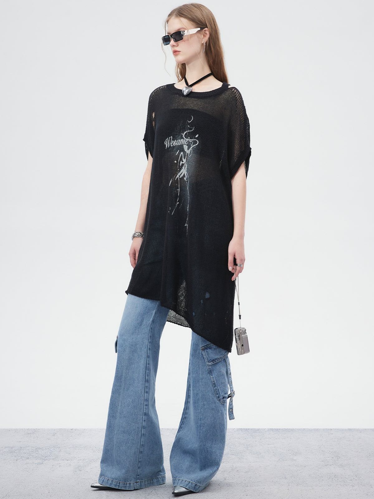 Side-Pocket Belt Denim Flare-Pants