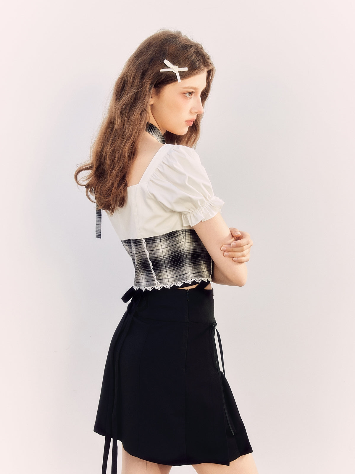 점검 된 레이스 리본 여성용 Bly Blyse & Mini-Skirt