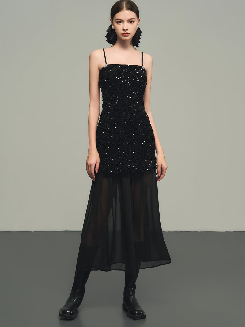 Sequins Elegant Bijou Flare Ciffon Camisole&Long-Skirt