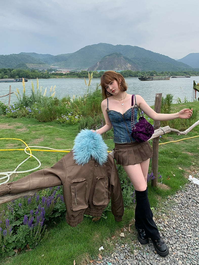 Denim Zip Slim Back-Open Camisole