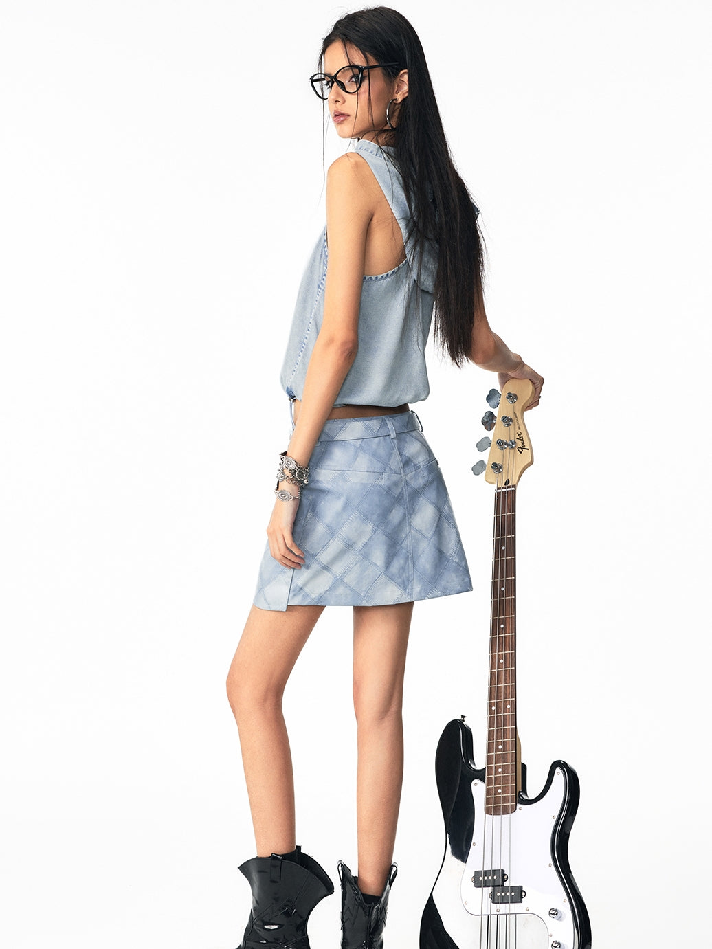 Drawstring Denim Hoodie Nichi Sleeveless Tops&Skirt