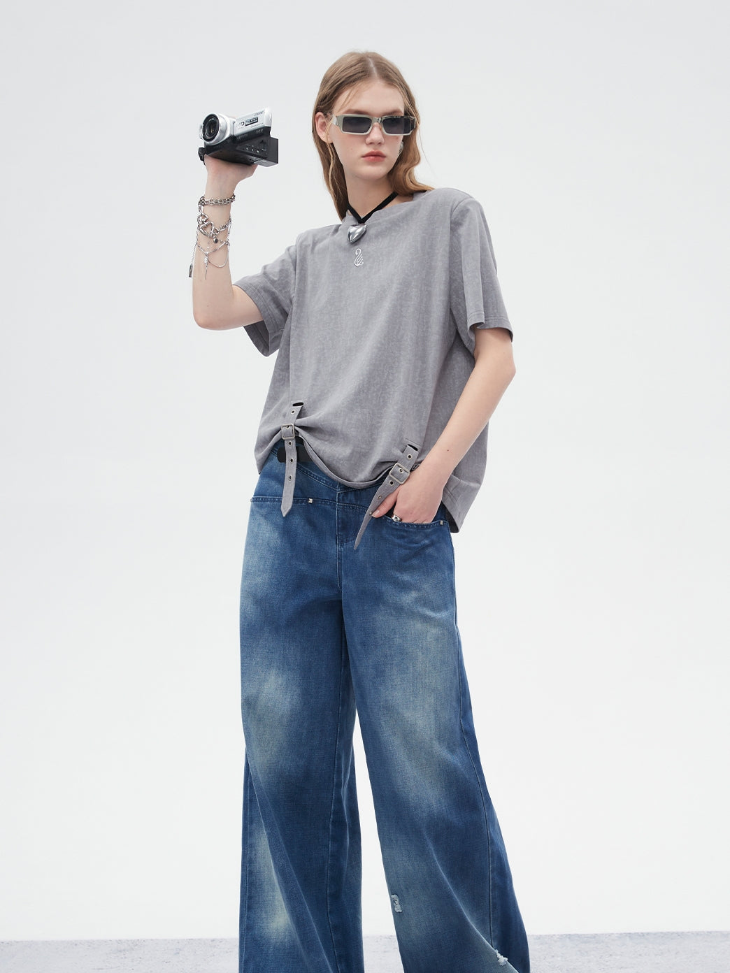 Belt Casual Roll-UP asymmetry Oversize T-Shirt