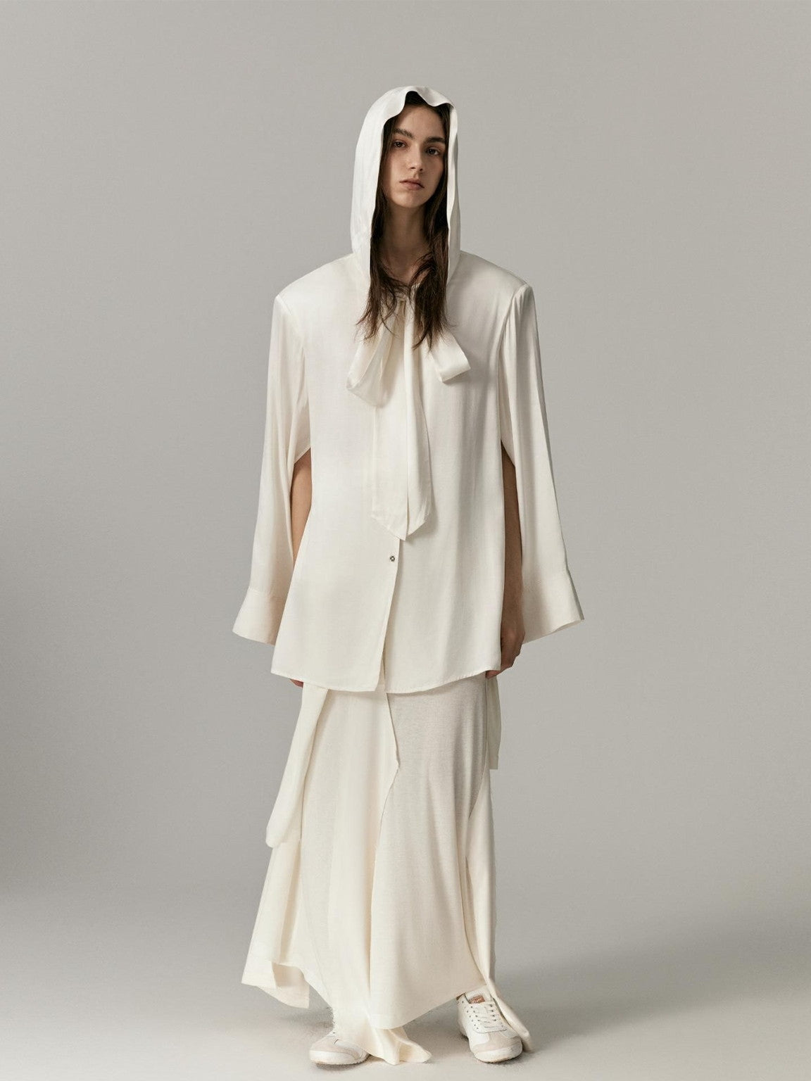 Ribbon-Tie Oversize Cape Blouse