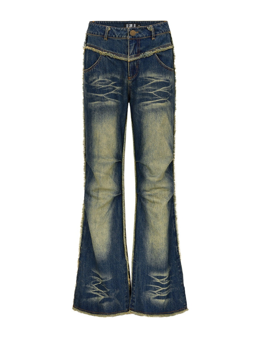 Denim Faded Vintage Cut-Off Casual Flare-Pants
