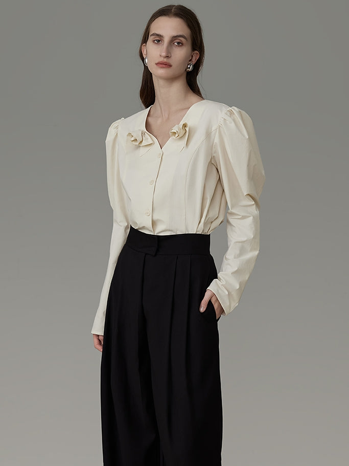 No-Collar Rose-Motif Power-Shoulder Classy Blouse