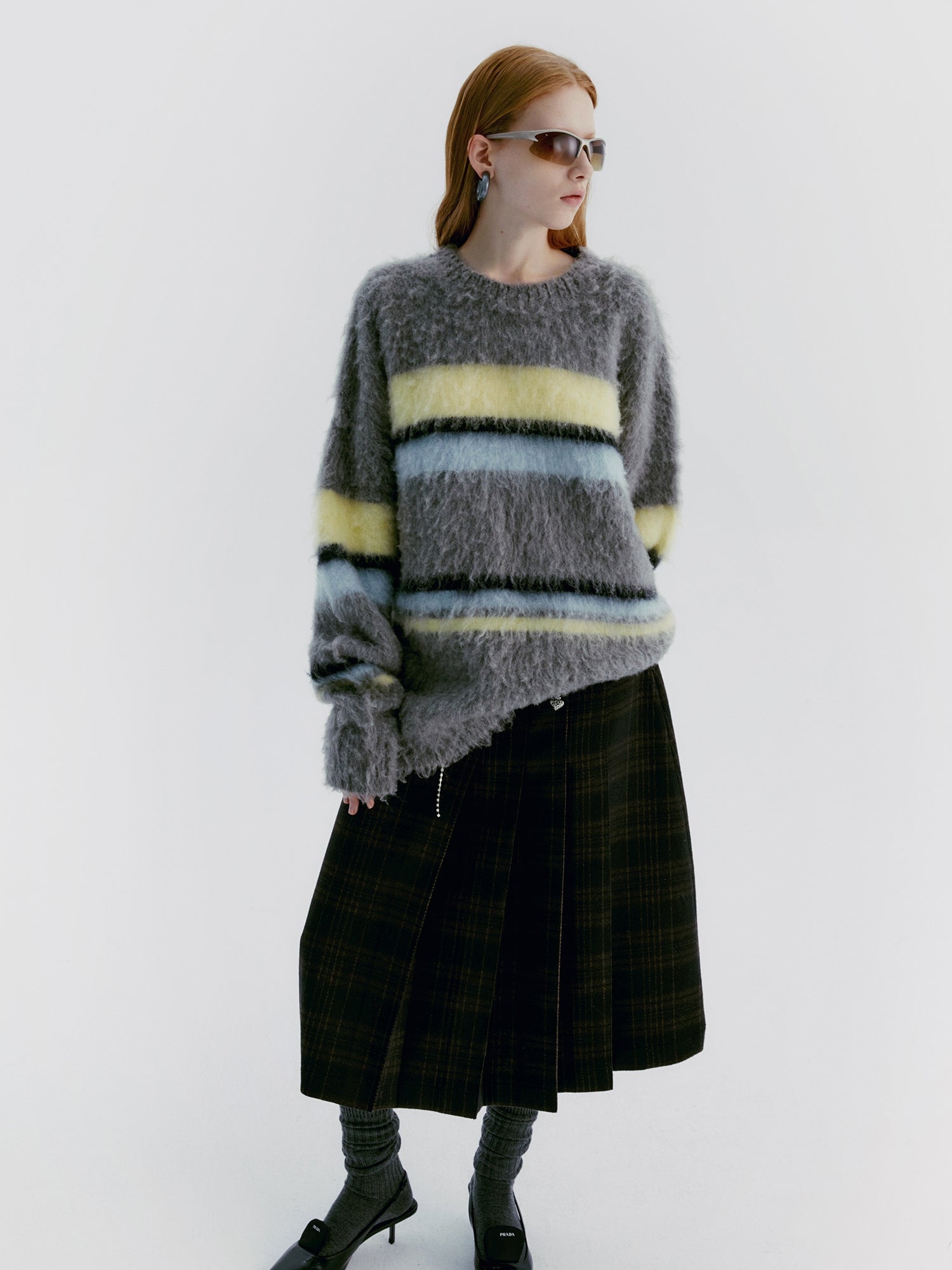 Unisex Border Mohair Ovresize Loose Creneck Knit