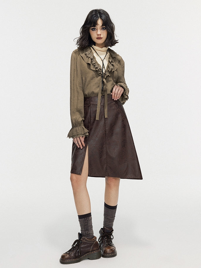 Leather Lace Asymmetry Middle Skirt