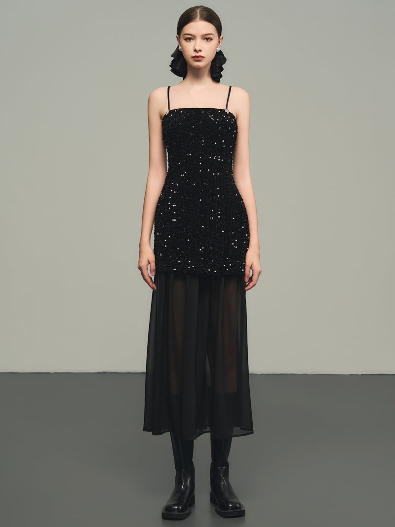 Sequins Elegant Bijou Flare Ciffon Camisole&Long-Skirt