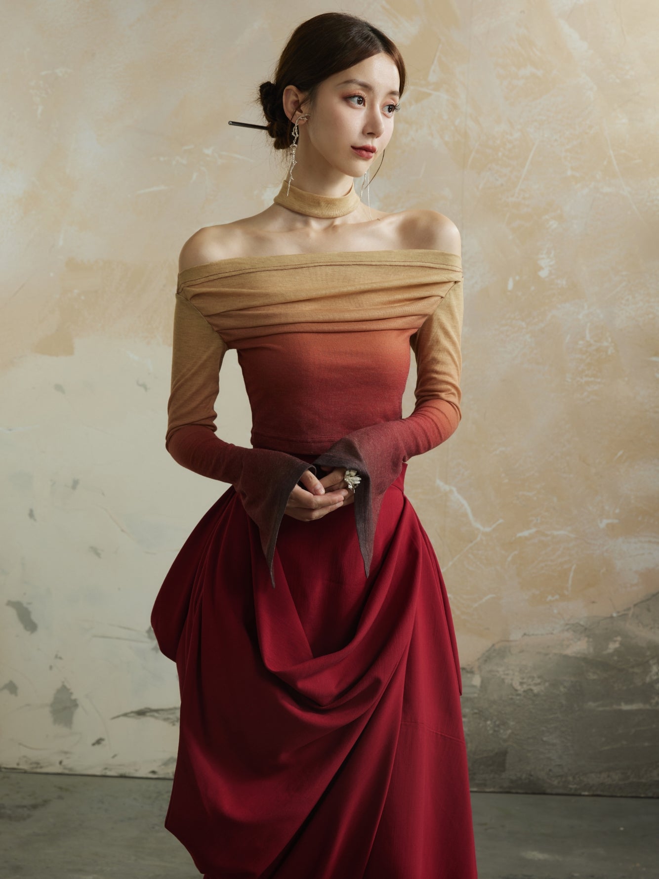 Plain Asymmetry Drape Feminine Elegant Long-Skirt