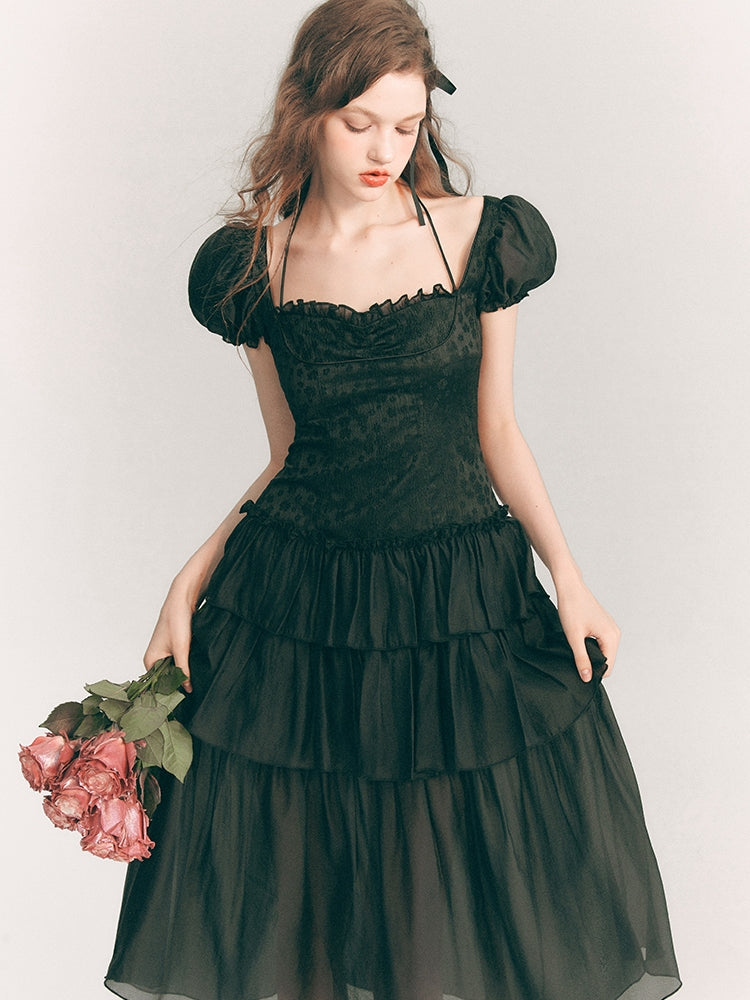 Spitze elegant langstufig schiere Puffs-Sleeve Ein-Stück