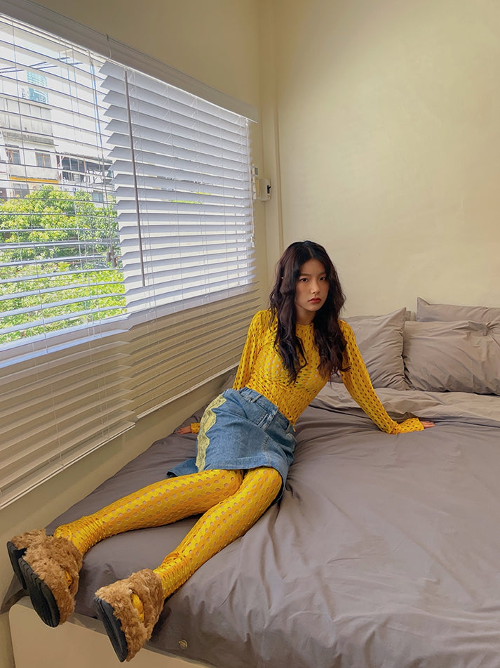 메쉬 펀칭 타이트한 니치 얇은 컷
