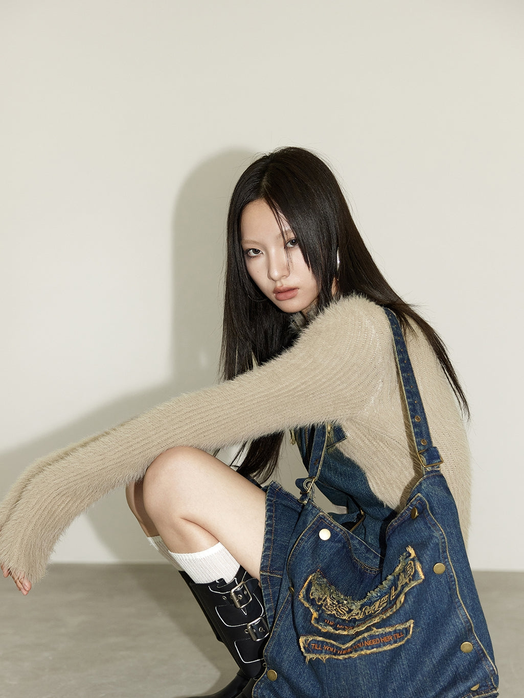 Denim&Knit Patchwork Double-Zip Fur Tops