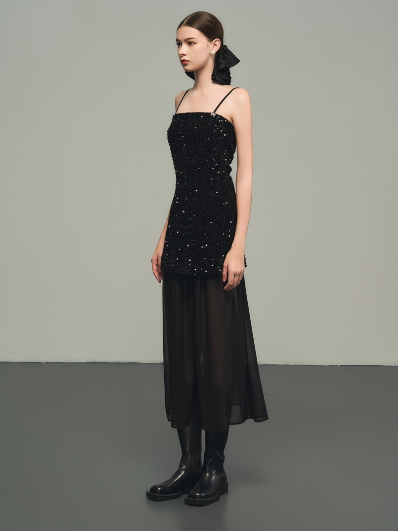 Sequins Elegant Bijou Flare Ciffon Camisole&Long-Skirt