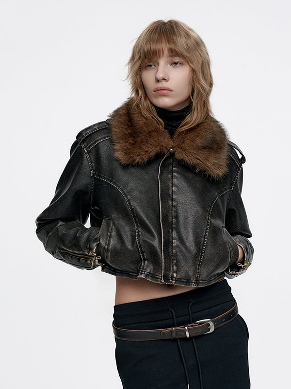 짧은 부드러운 레트로 자른 모피 콜라 가죽 재킷