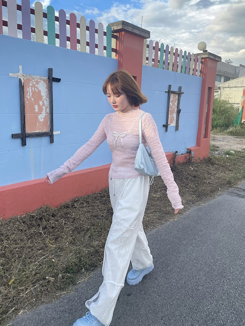 레이스 리본 주름진 여성스러운 얇은 진주 컷팅