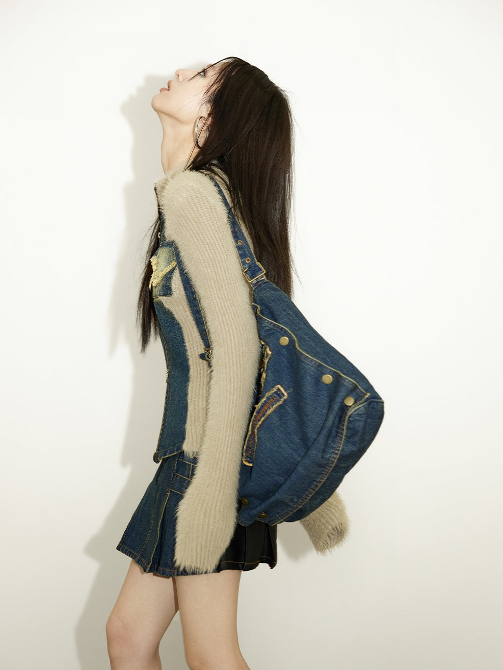 Denim&Knit Patchwork Double-Zip Fur Tops