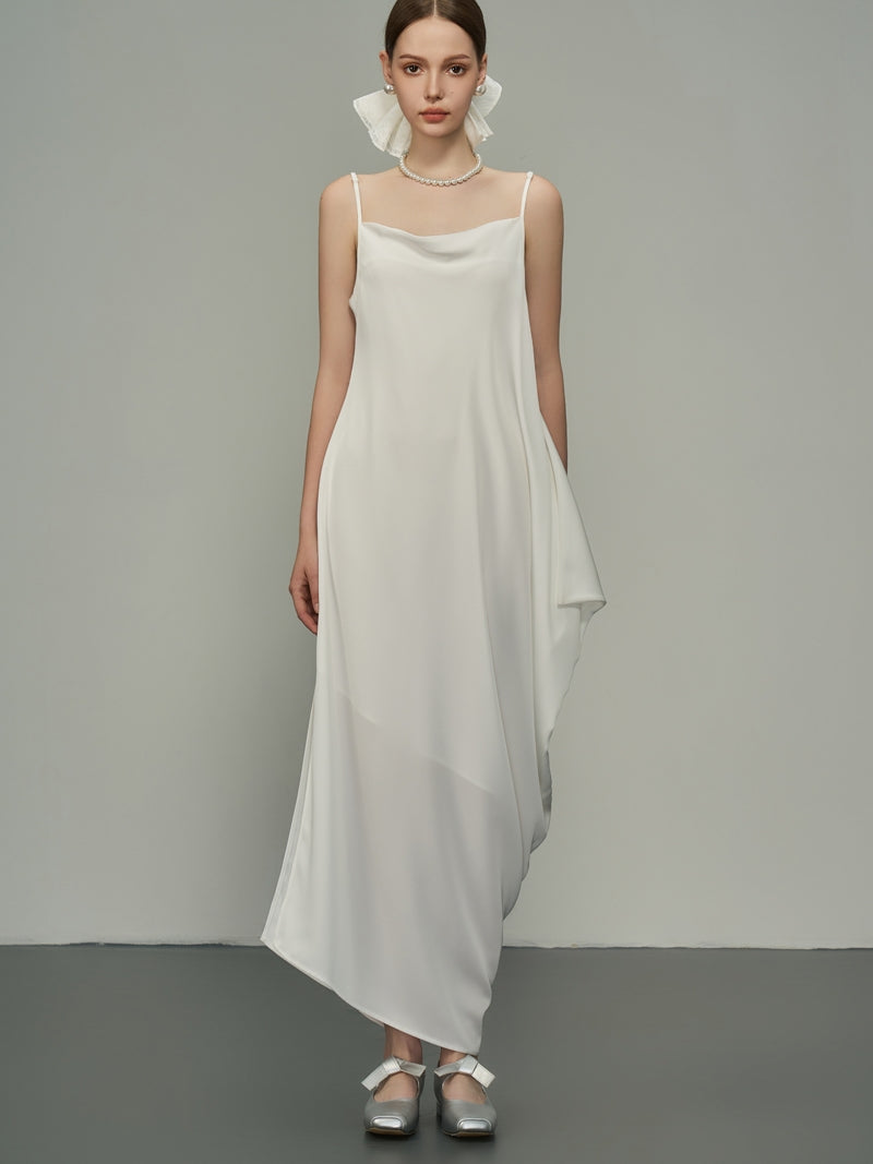 Glossy Asymmetry Drape Elegant Camisole Long-One-Piece
