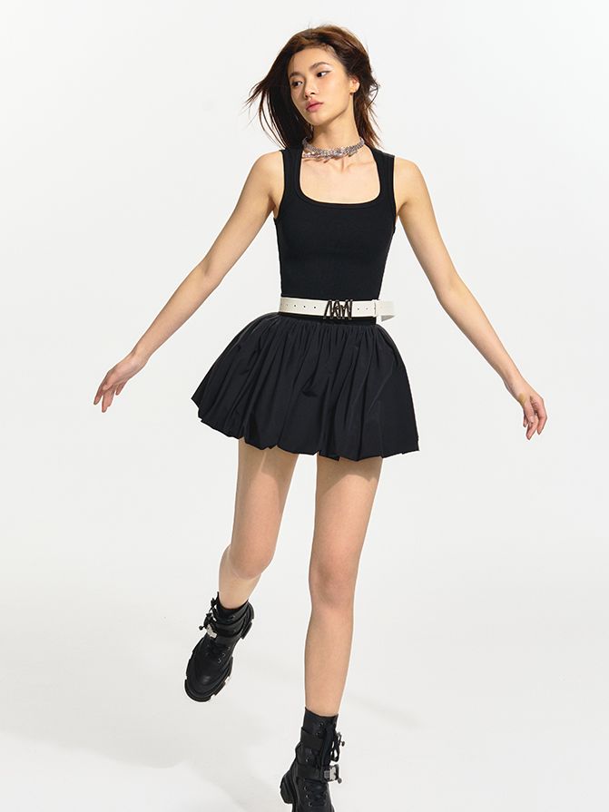 SQUARE-NECK FLUFFILY MINI SLEEVELESS ONE-PIECE