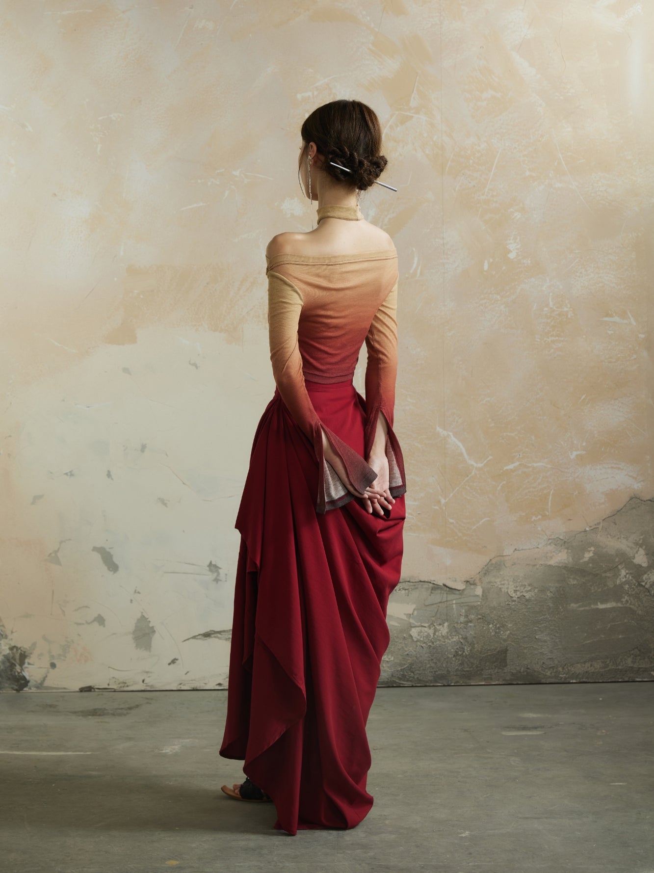 Plain Asymmetry Drape Feminine Elegant Long-Skirt