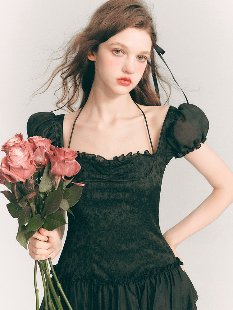 Spitze elegant langstufig schiere Puffs-Sleeve Ein-Stück