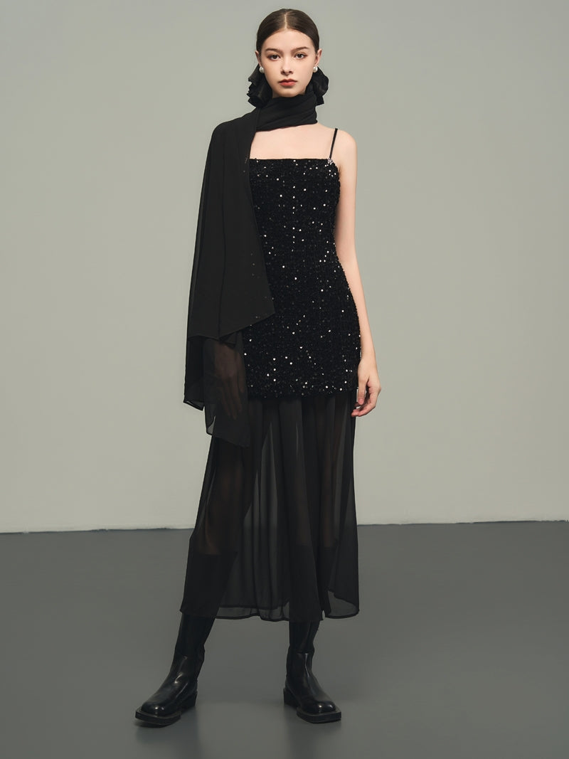 Sequins Elegant Bijou Flare Ciffon Camisole&Long-Skirt