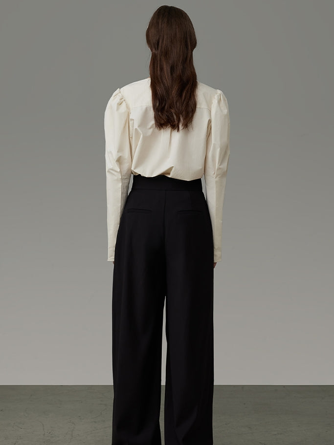 No-Collar Rose-Motif Power-Shoulder Classy Blouse