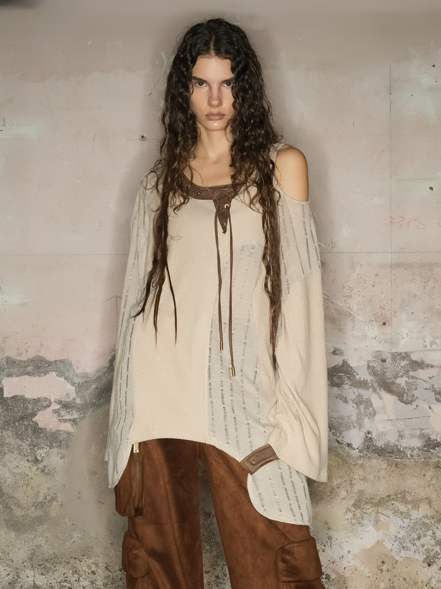 느슨한 얇은 비대칭 니치 술 열린 숄더 롱 탑 & 벨트