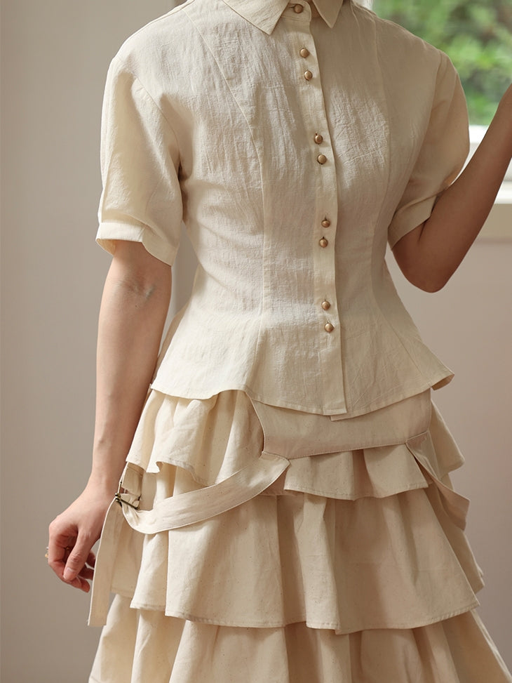 Natural Layered Simple Flare-Blouse&Gilet