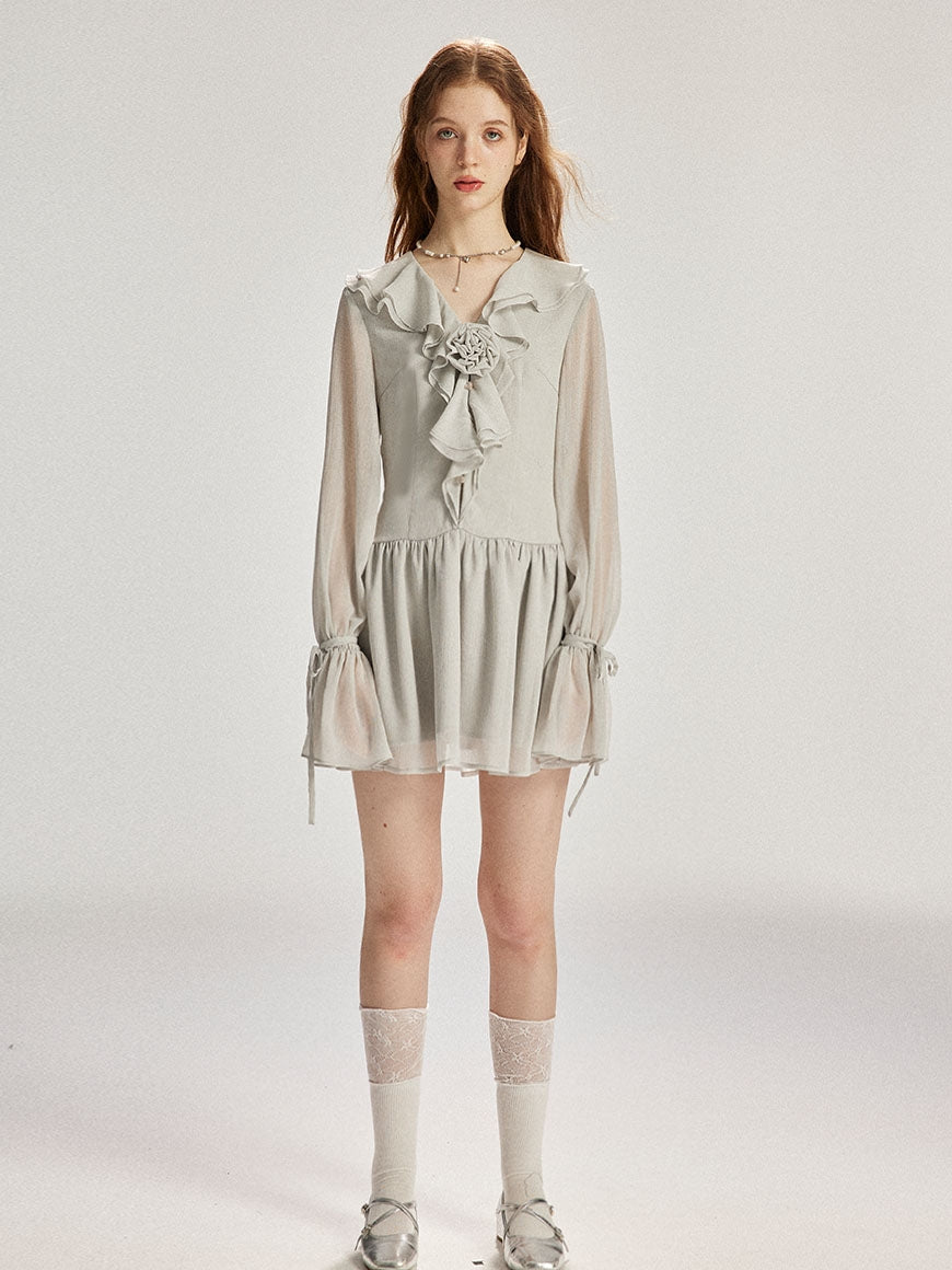Sheer Flare-Sleeve Ciffon Frill Flower Mini-One-Piece