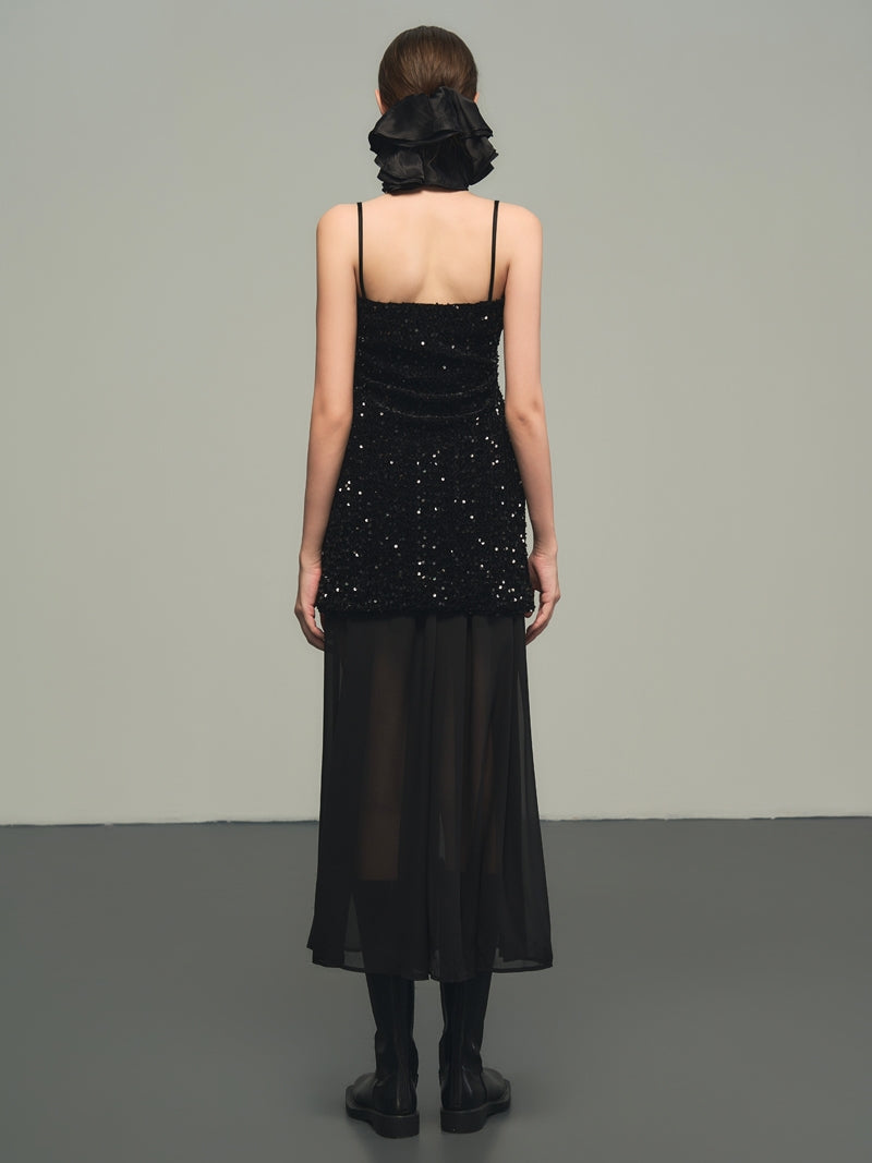 Sequins Elegant Bijou Flare Ciffon Camisole&Long-Skirt
