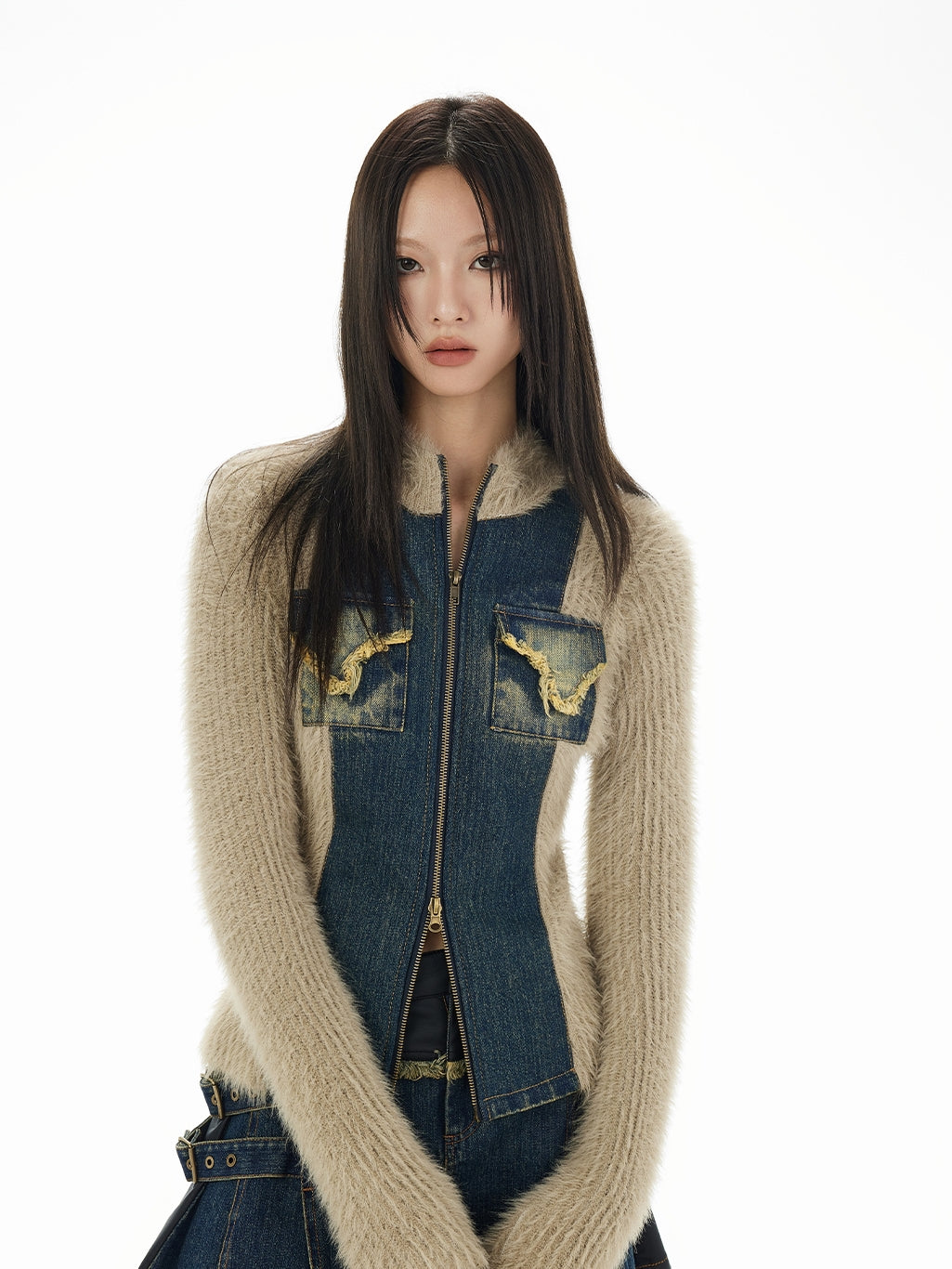 Denim&Knit Patchwork Double-Zip Fur Tops