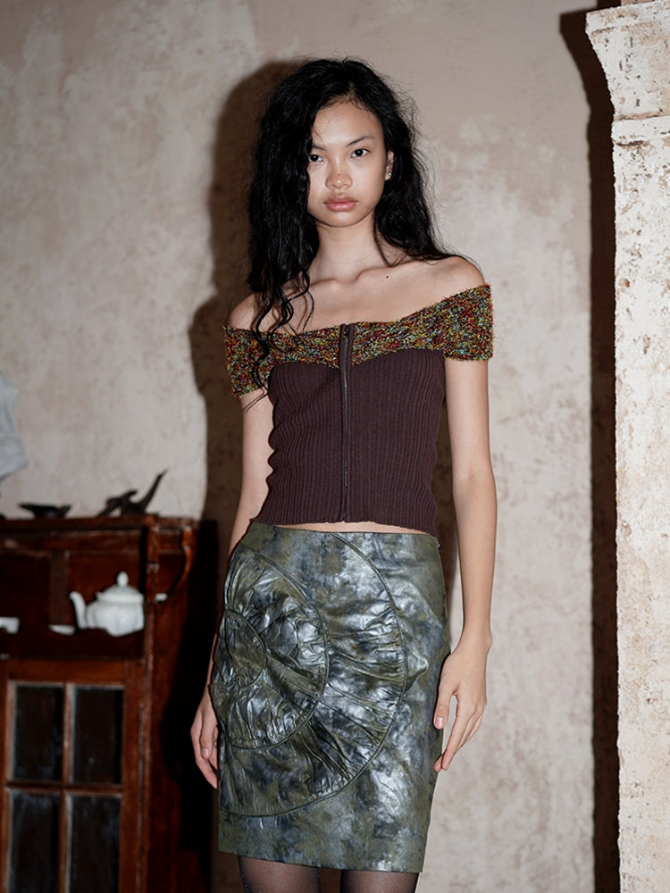 암커버 컬러풀한 오프숄더 지퍼 유니크 니트