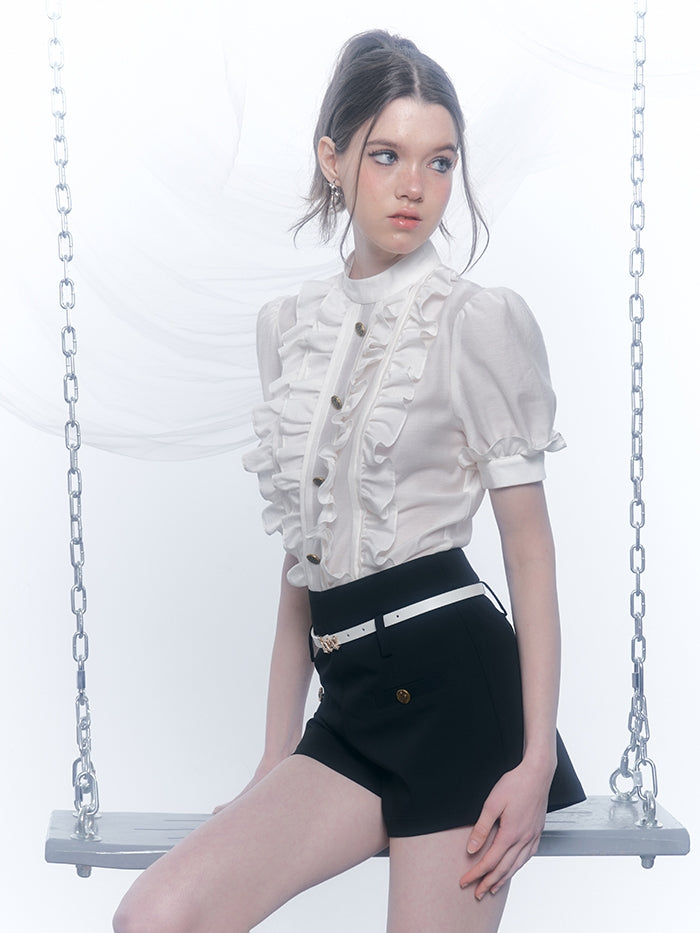 Frill Classy Retro Chic Blouse & Short-Pants