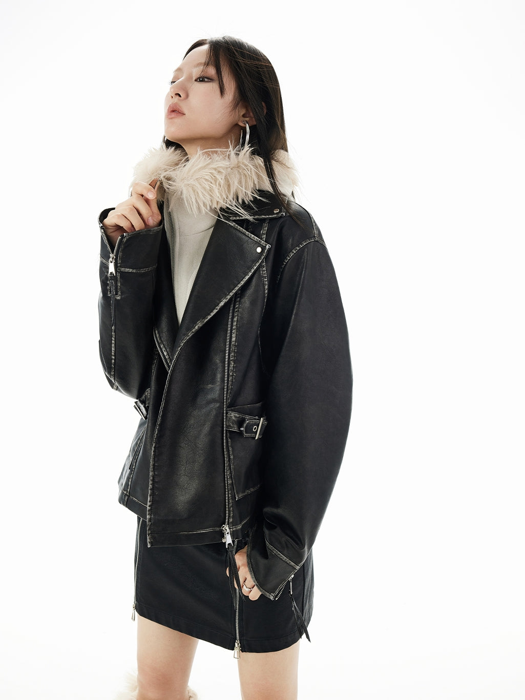 Stitch Oversize Cool Retro Leather-Jacket