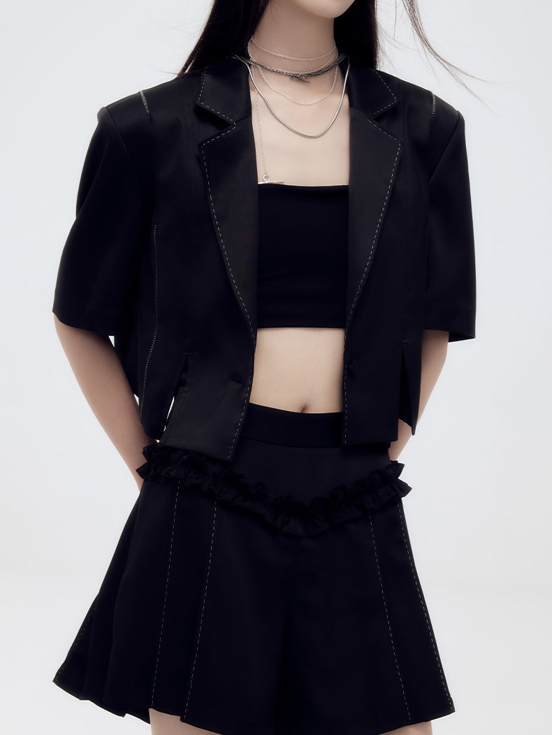 스티치 프릴 CASIAL CASIAL PLAIN JECKED & SHORT-PANTS_SET-UP