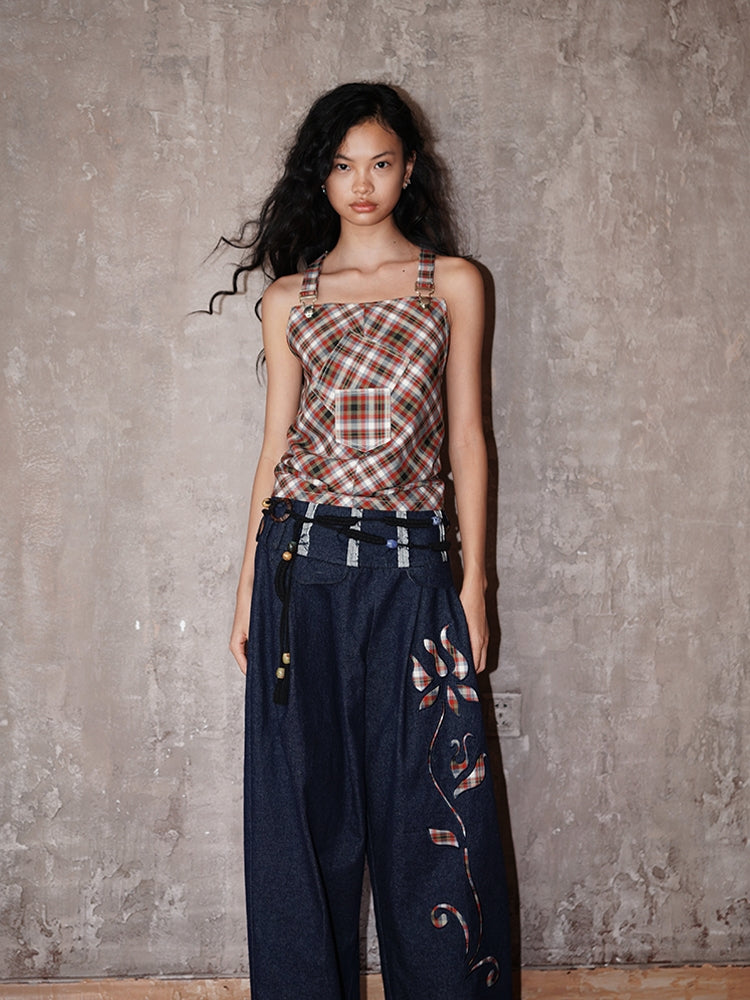 체크 백 오픈 백-크로스 걸리 탑