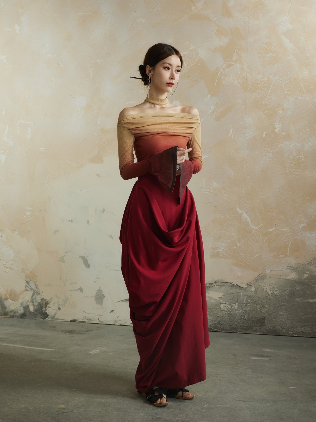 Plain Asymmetry Drape Feminine Elegant Long-Skirt