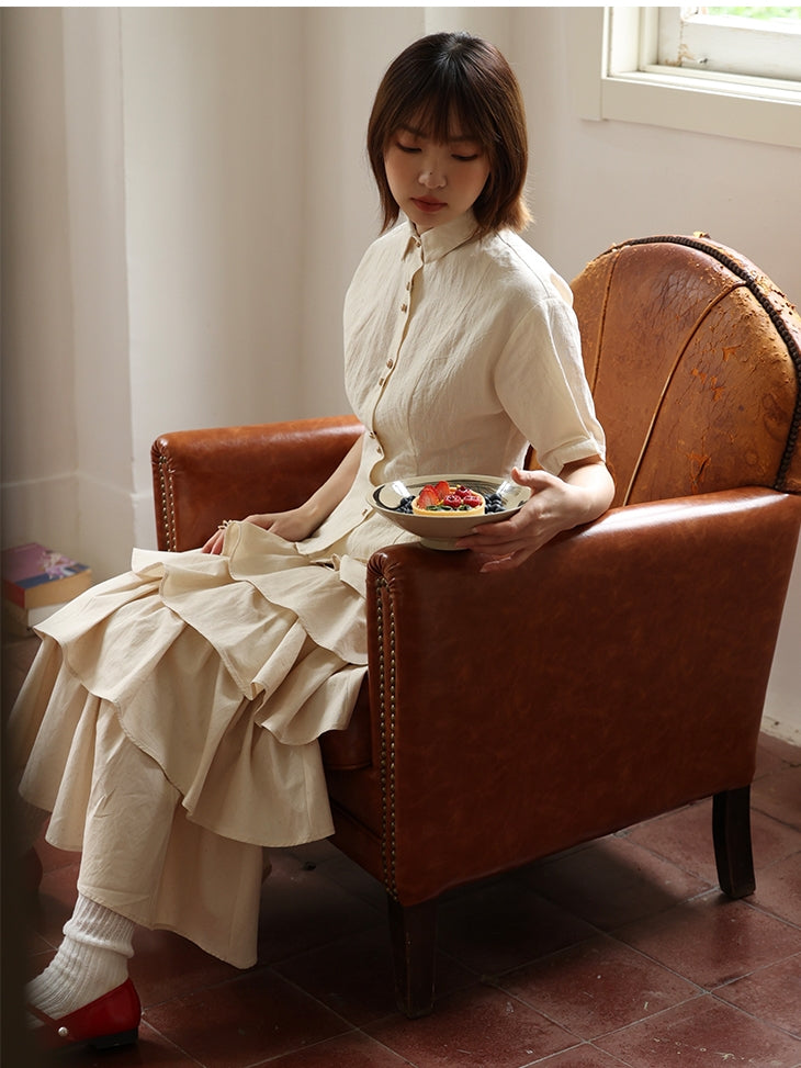 Natural Layered Simple Flare-Blouse&Gilet