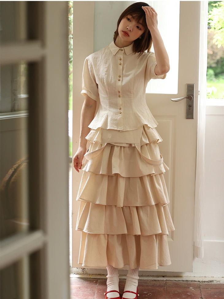 Natural Layered Simple Flare-Blouse&Gilet