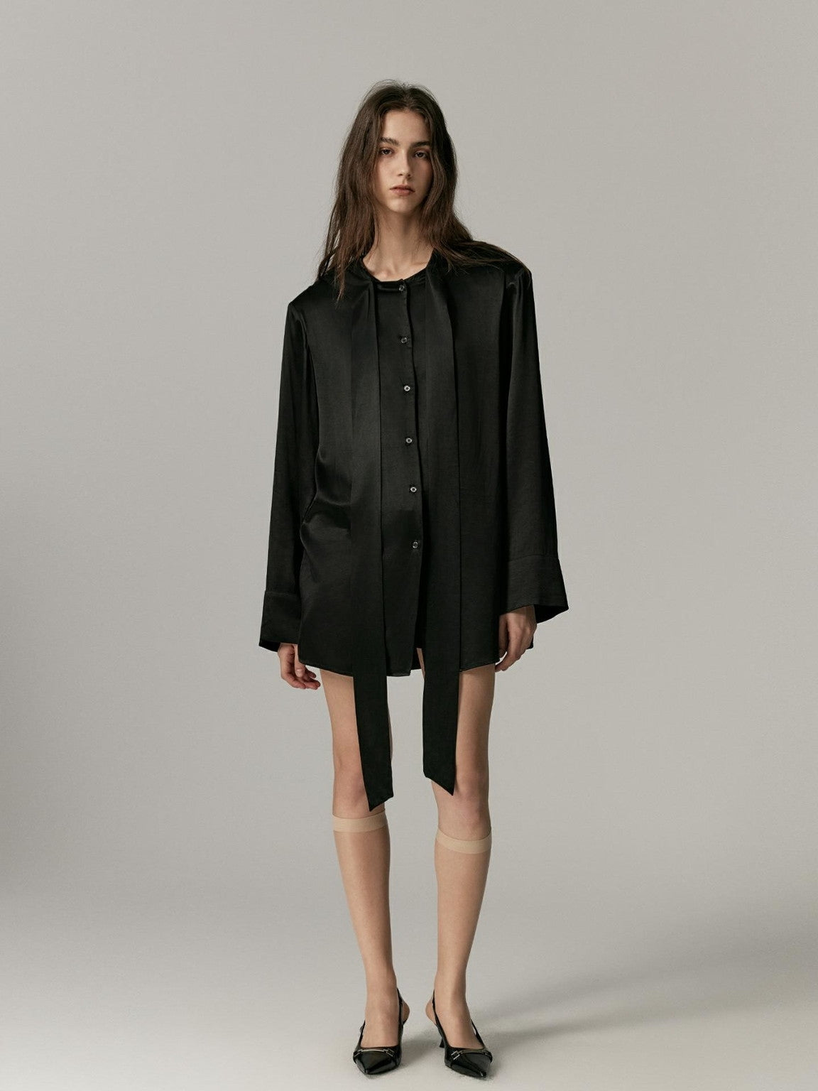 Ribbon-Tie Oversize Cape Blouse
