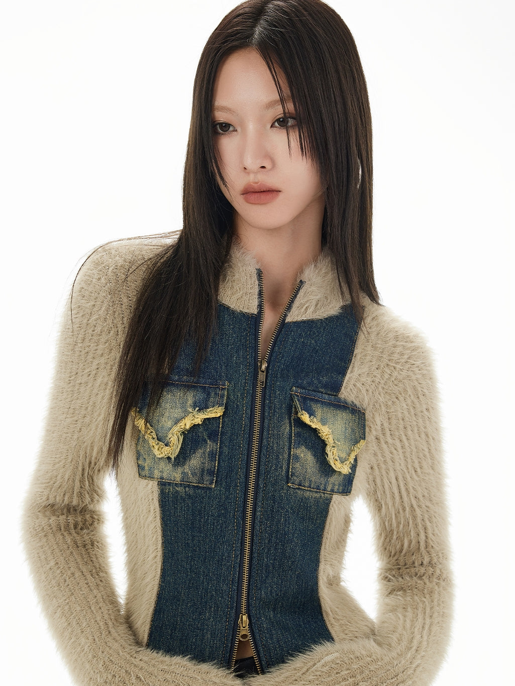 Denim&Knit Patchwork Double-Zip Fur Tops
