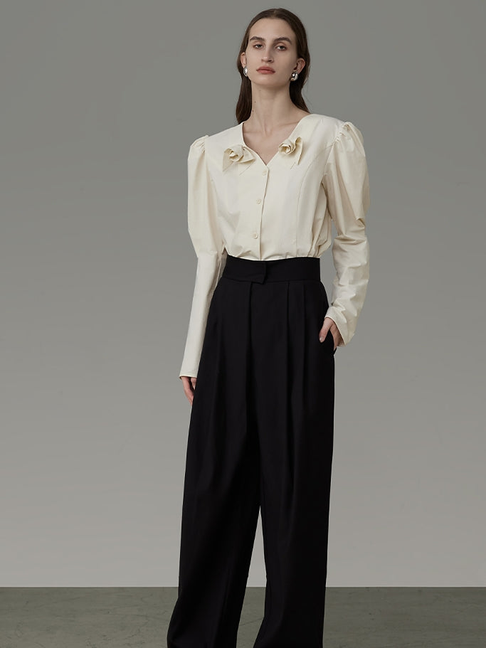 No-Collar Rose-Motif Power-Shoulder Classy Blouse