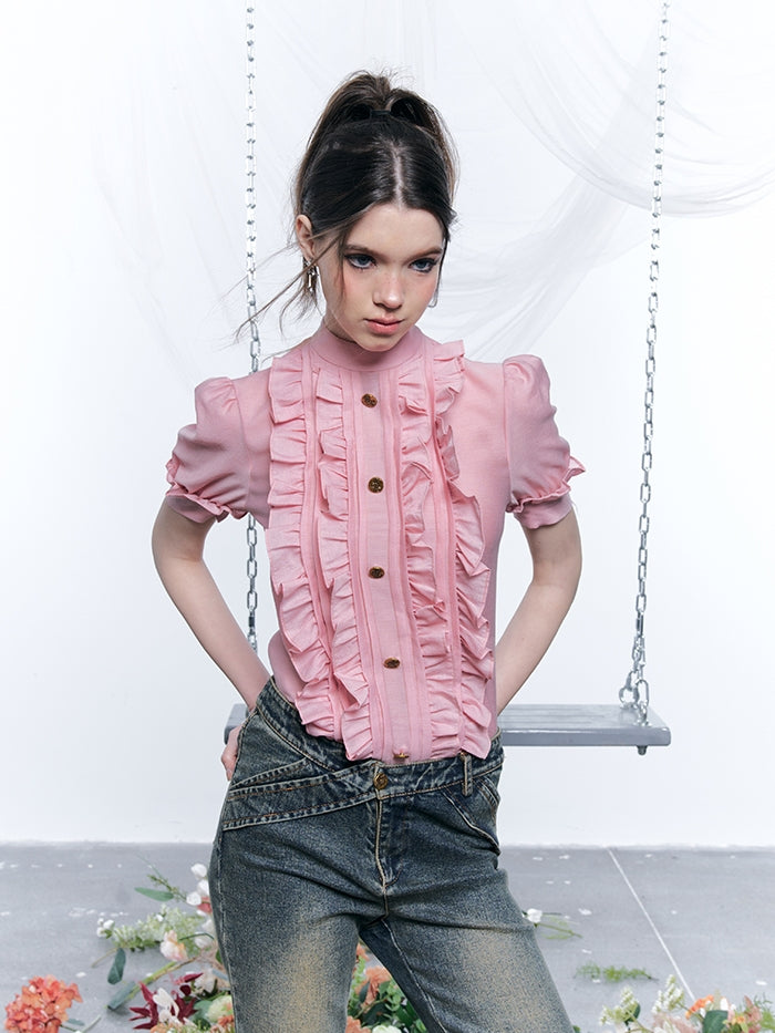 Frill Classy Retro Chic Blouse & Short-Pants