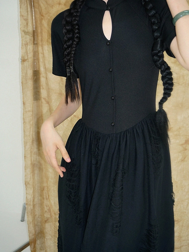 타이 염색 꽃 레이스 반 버튼 긴 일체형