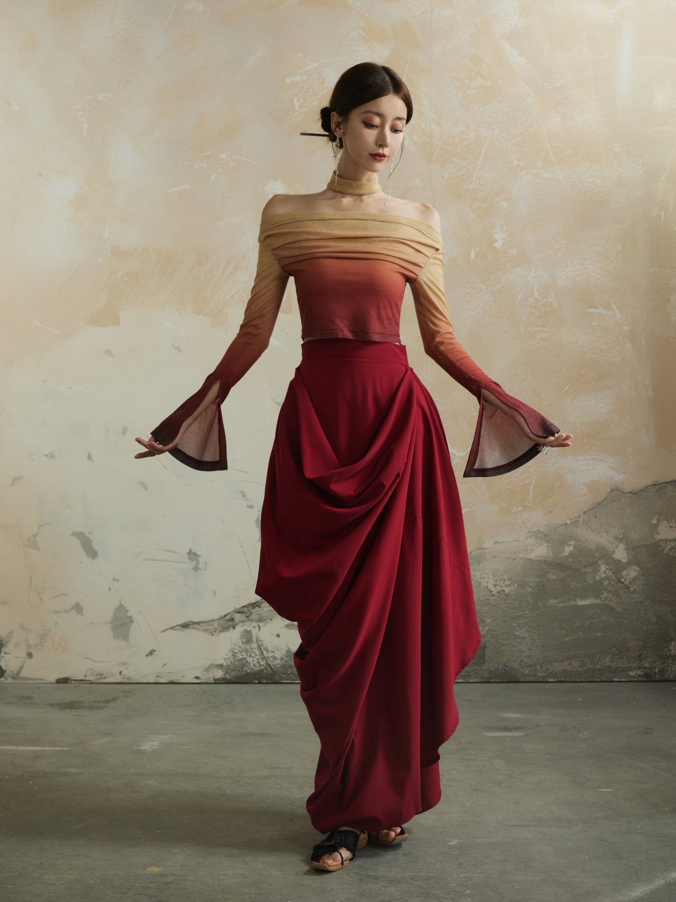 Plain Asymmetry Drape Feminine Elegant Long-Skirt