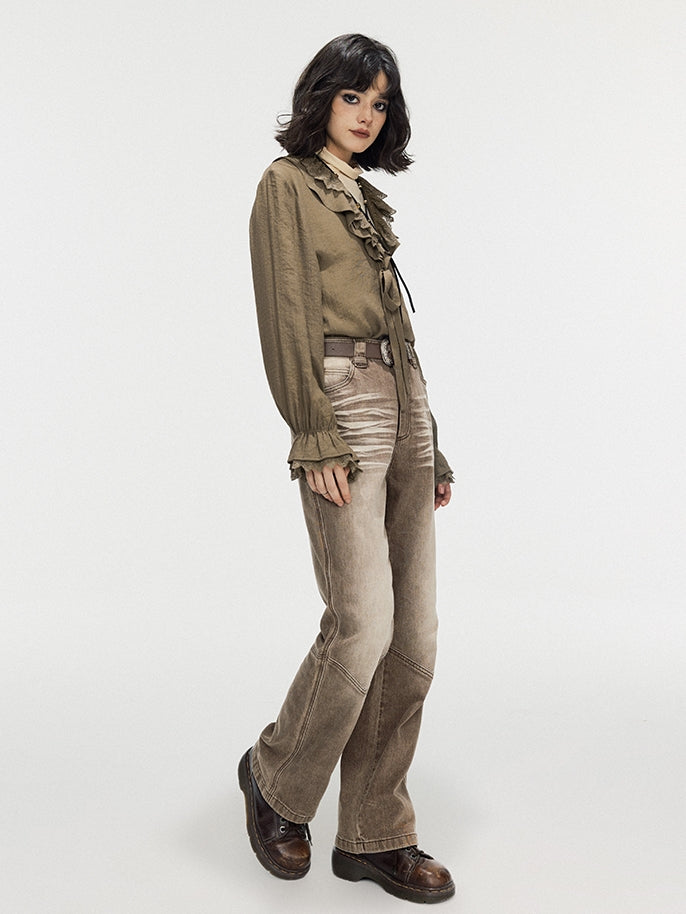 Modest Faded Denim Vintage Flare-Pants