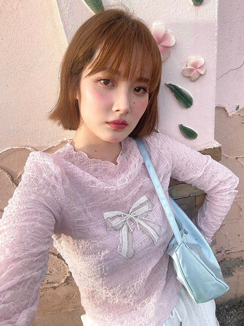 레이스 리본 주름진 여성스러운 얇은 진주 컷팅