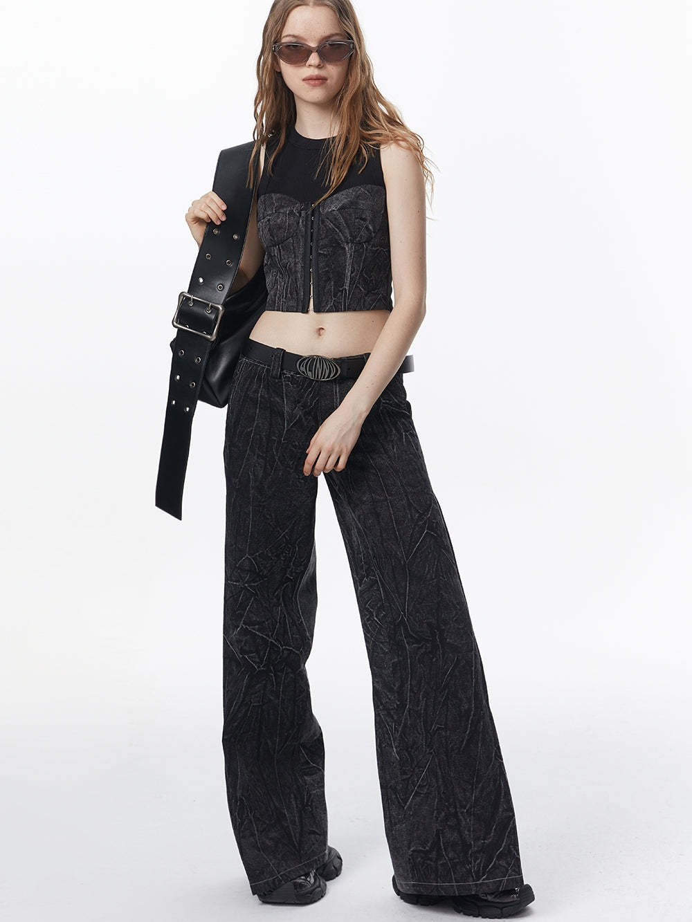 주름진 데님 캐주얼 넓은 바지