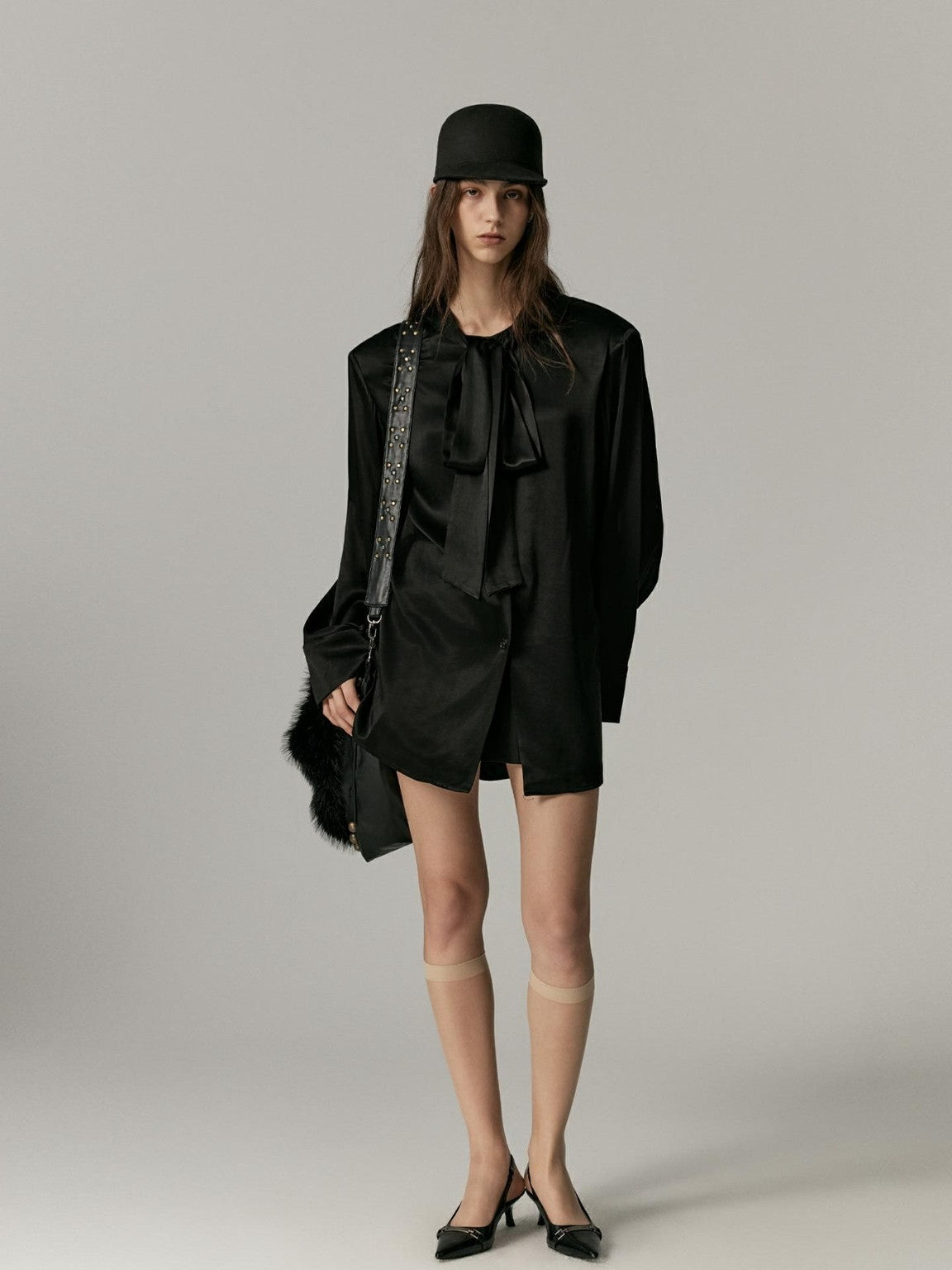 Ribbon-Tie Oversize Cape Blouse
