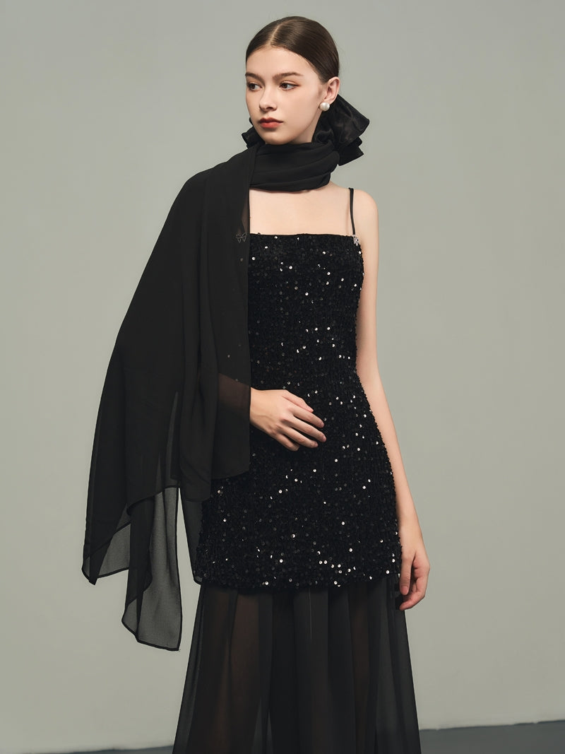 Sequins Elegant Bijou Flare Ciffon Camisole&Long-Skirt